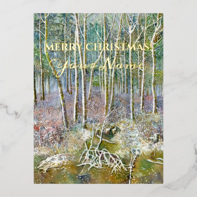winter forest  Watercolor Foil Holiday Post Card (Front)