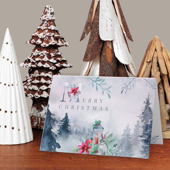 Winter Forest Watercolor Lantern Glow  Holiday Card (Winter forest Christmas Card. Buy professionally printed or as a printable digital download.)