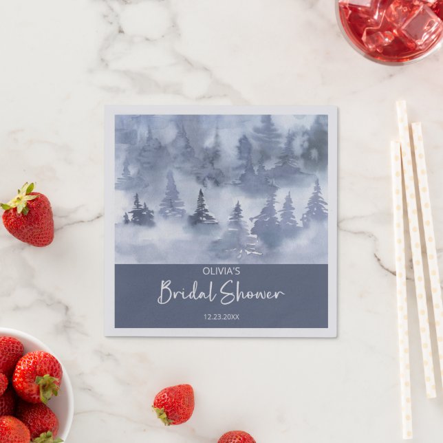 Winter Forest Watercolor Navy Blue Bridal Shower Napkin (Insitu)