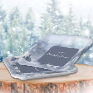 Winter Forest Watercolor Navy Blue Bridal Shower Paper Plate