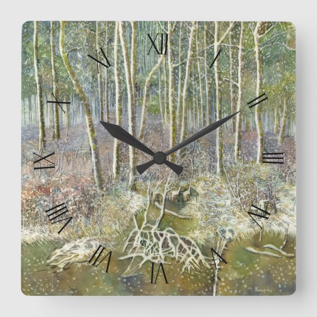 winter forest  Watercolor painting Square Wall Clock (Front)