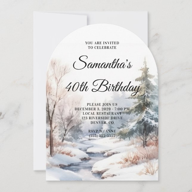 Winter Forest Watercolor Photo 40th Birthday Invitation (Front)