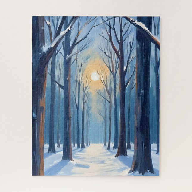 Winter Forest Watercolor Trees Blue Jigsaw Puzzle (Vertical)