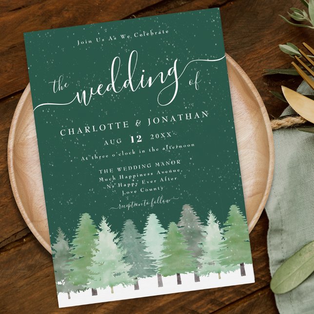 Winter Forest Watercolor Woodland Green Wedding Invitation (Modern Elegant Woodland Rustic Winter green wedding invitation watercolor evergreen forest script)