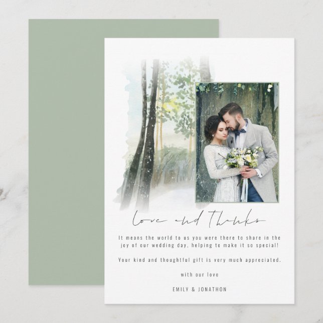 Winter Forest Wedding Photo Sage Love and Thanks  Thank You Card (Front/Back)