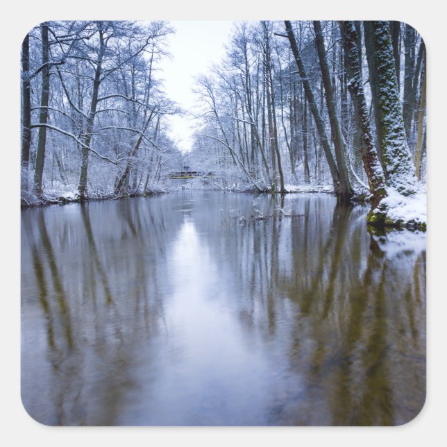 Winter Forest with Beautiful Stream Square Sticker (Front)