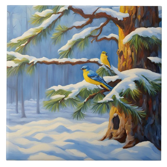 Winter Forest with Colourful Birds on a Tree  Tile (Front)