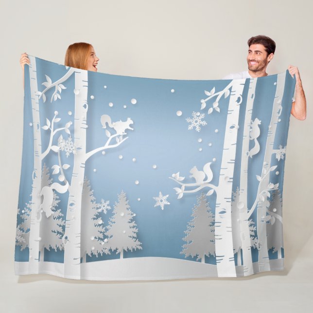 Winter Forest with Squirrels Papercut Fleece Blanket (In Situ)