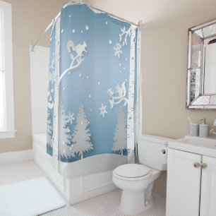 Winter Forest with Squirrels Papercut Shower Curtain
