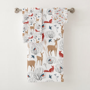 Winter Forest Woodland Animals Earthy Christmas Bath Towel Set