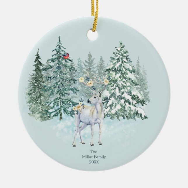 Winter Forest Woodland Deer  Ceramic Tree Decoration (Front)