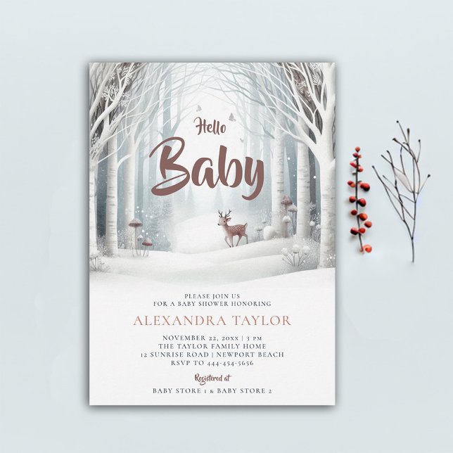 Winter Forest Woodland Deer Neutral Baby Shower Invitation (winter baby shower invitation neutral white wonderland enchanted forest woodland deer cute)