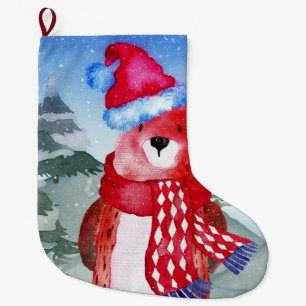 Winter Forest Woodland Friends Bear Illustration Large Christmas Stocking