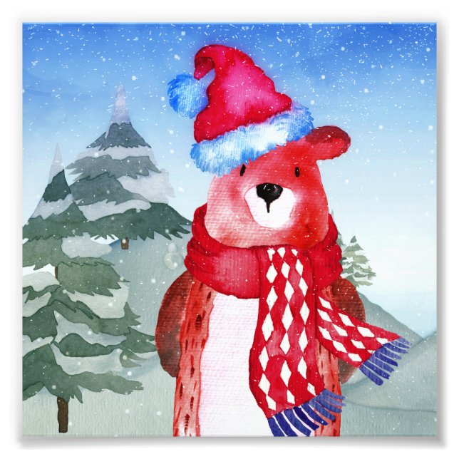 Winter Forest Woodland Friends Bear Illustration Photo Print (Front)