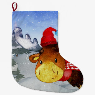 Winter Forest Woodland Friends Deer Illustration Large Christmas Stocking
