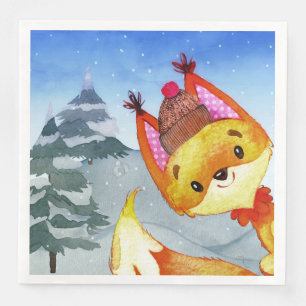 Winter Forest Woodland Friends Fox Illustration Napkin
