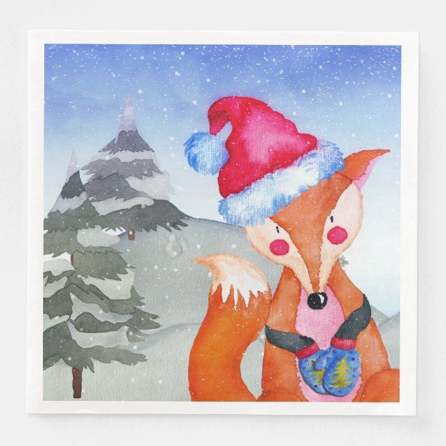 Winter Forest Woodland Friends Fox Illustration Napkin (Front)