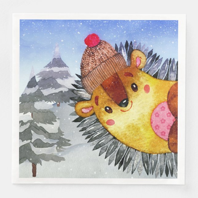 Winter Forest Woodland Friends Hedgehog Drawing Napkin (Front)