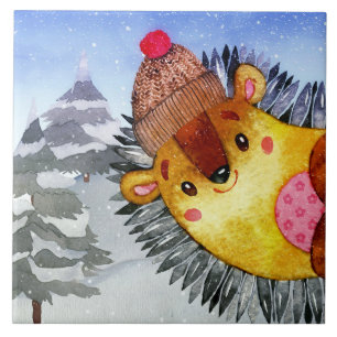 Winter Forest Woodland Friends Hedgehog Drawing Tile