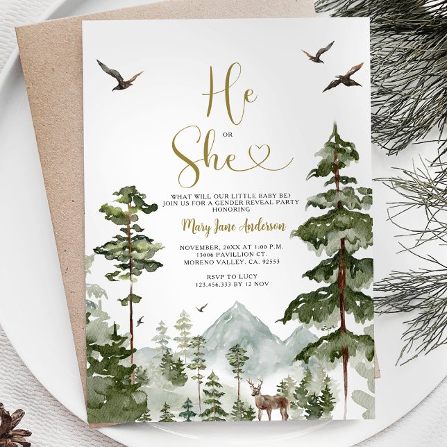 Winter Forest Woodland He or She Gender Reveal Invitation (Creator Uploaded)