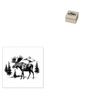 Winter Forest Woodland Moose  Rubber Stamp