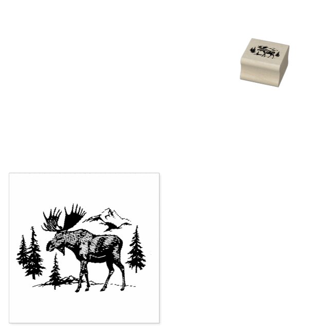 Winter Forest Woodland Moose  Rubber Stamp (Stamped)