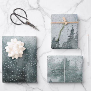 Winter Forest Woodland Silver Snow Watercolor Wrapping Paper Sheet