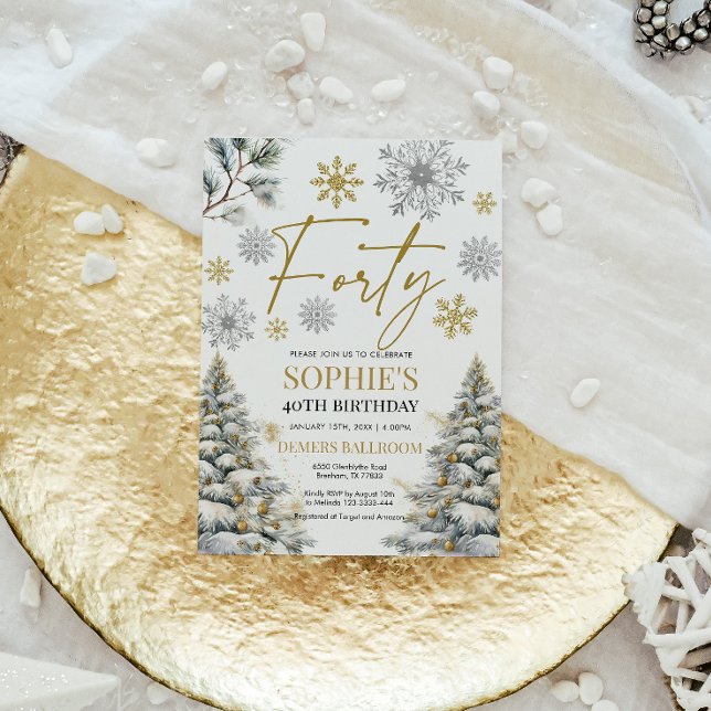 Winter Forty Birthday Invitation Gold and Silver (Creator Uploaded)