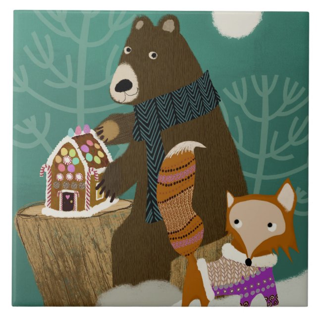 Winter Fox and Bear Ceramic Kitchen Tile (Front)