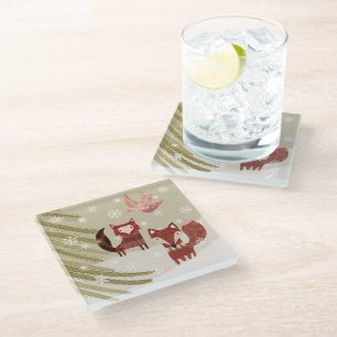 Winter Fox and Dove Glass Coaster