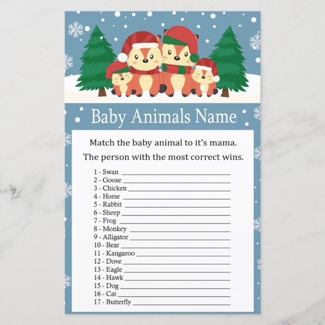 Winter fox Baby Animals Name Game baby shower (Front)