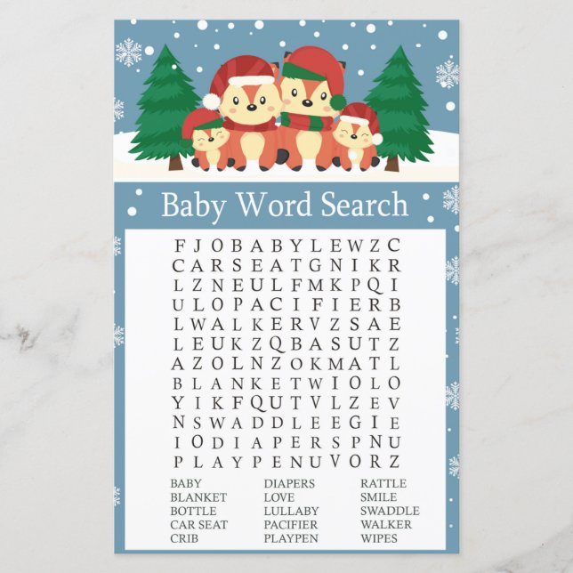 Winter fox Baby Shower Word Search Game (Front)