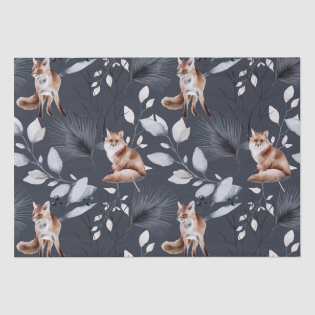 Winter Fox Botanical Watercolor Tissue Paper (Front)