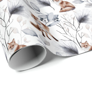 Winter Fox Botanical Watercolor Wrapping Paper