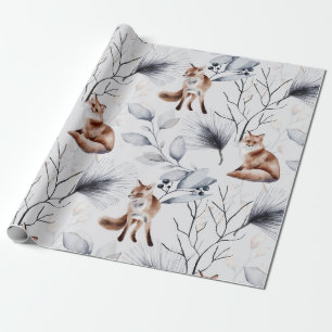 Winter Fox Botanical Watercolor Wrapping Paper
