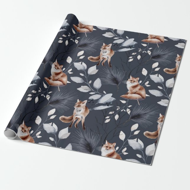 Winter Fox Botanical Watercolor Wrapping Paper (Unrolled)