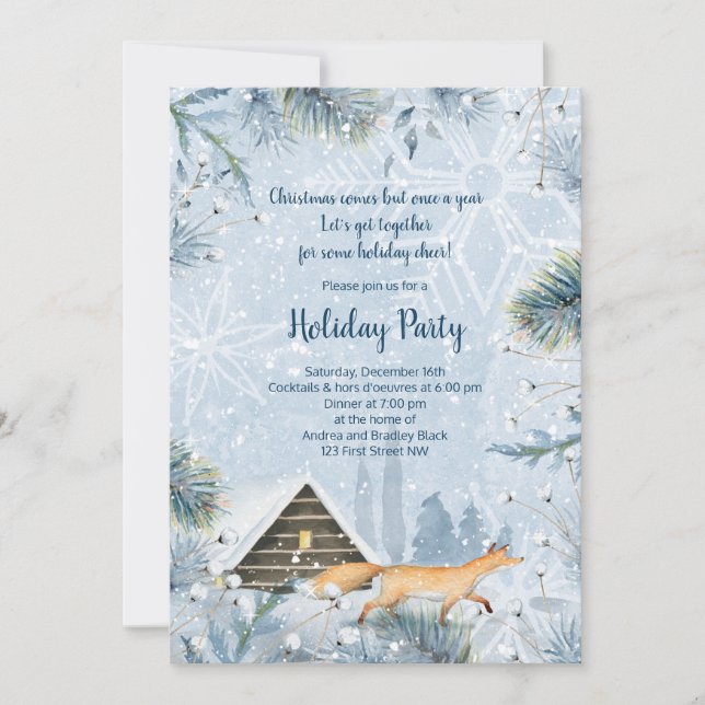 Winter Fox Cabin Snow Christmas Party Invitation (Front)