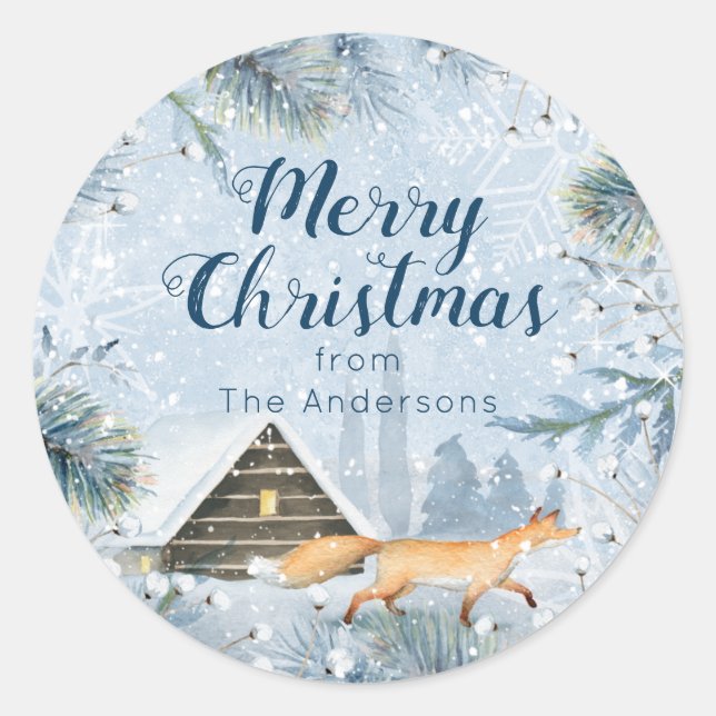 Winter Fox Cabin Snow Personalised Christmas Classic Round Sticker (Front)