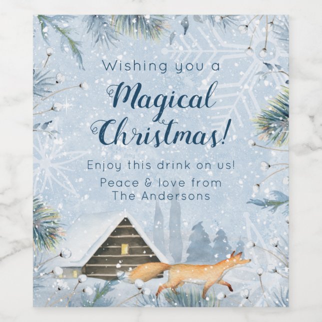 Winter Fox Cabin Snow Personalised Christmas Wine Label (Single Label)