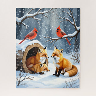 Winter Fox Family with Cardinals in Snowy Forest Jigsaw Puzzle