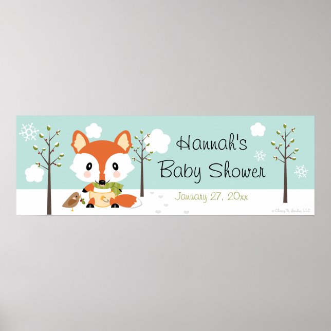 WINTER FOX IN DIAPERS BABY SHOWER BANNER POSTER (Front)