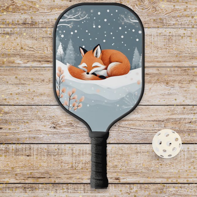 Winter Fox In Snow Wildlife Cute Animal Custom Pickleball Paddle (A festive pickleball paddle, with picture of a cute fox curled up in the winter snow)