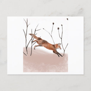Winter fox jumping in a watercolor painting postcard