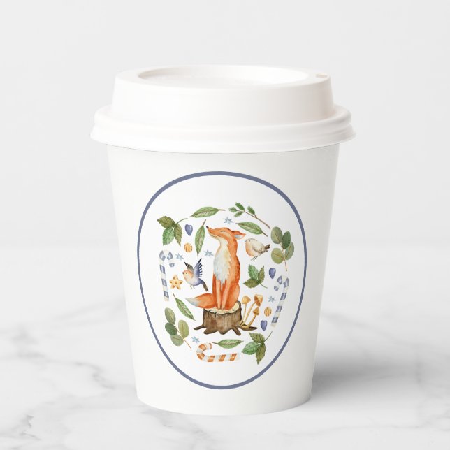 Winter Fox on Tree Stump Leaves Candy Canes Paper Cups (Front)