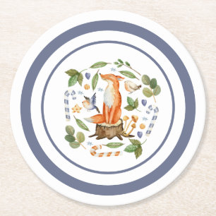 Winter Fox on Tree Stump Leaves Candy Canes Round Paper Coaster