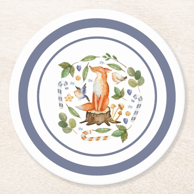 Winter Fox on Tree Stump Leaves Candy Canes Round Paper Coaster (Front)