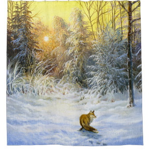 Winter Fox Sunset Landscape. Shower Curtain