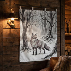 Winter Fox Tapestry   Snowy Forest Art 