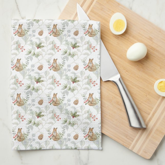 Winter Fox Woodland Forest Cute Tea Towel (Quarter Fold)