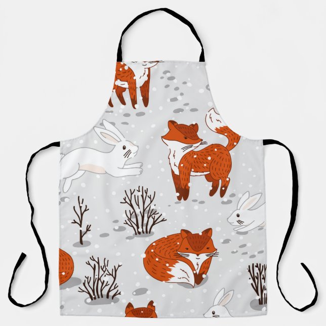 Winter Foxes Bunny Seamless Pattern Apron (Front)